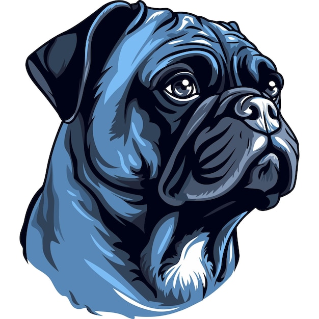 A bold vector illustration of a french bulldogs head depicted in a blue and black color scheme