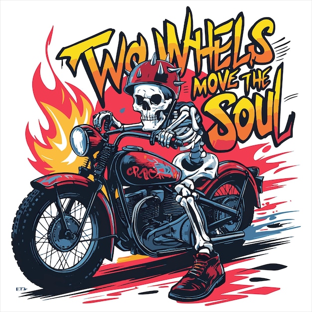 A bold and vibrant illustration featuring a skeleton riding a flaming motorcycle