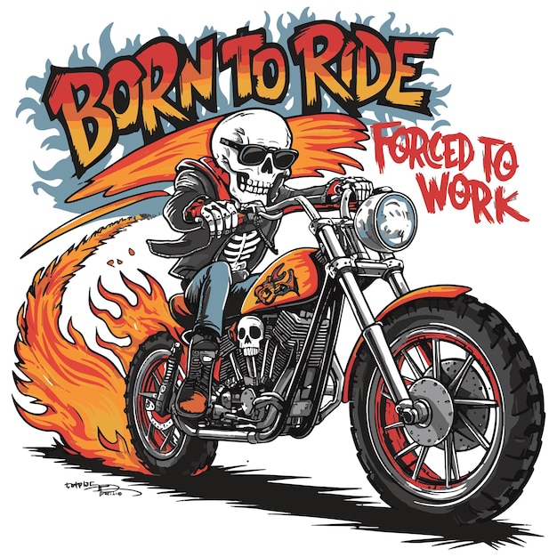 A bold and vibrant illustration featuring a skeleton riding a flaming motorcycle