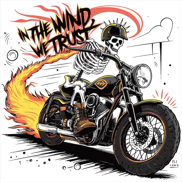 A bold and vibrant illustration featuring a skeleton riding a flaming motorcycle