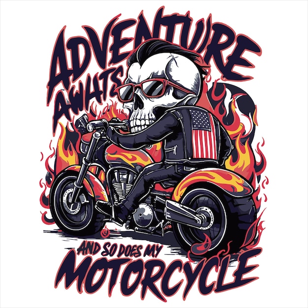 A bold and vibrant illustration featuring a skeleton riding a flaming motorcycle