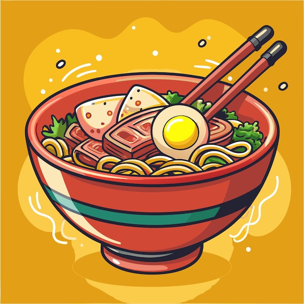 Vector bold yellow ramen bowl with pork and egg food illustration