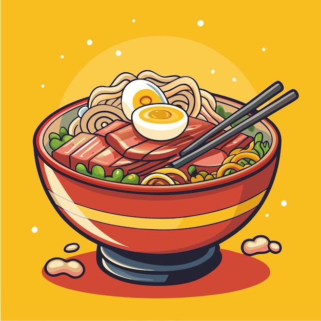 Vector bold yellow ramen bowl with pork and egg food illustration