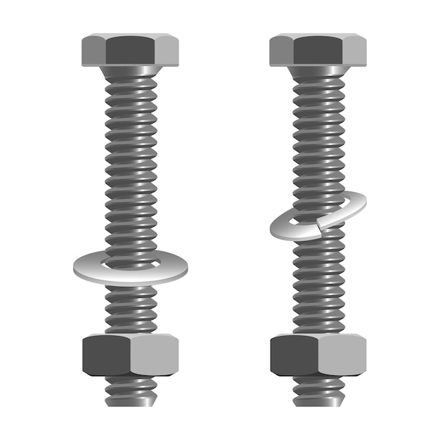 Bolts and nuts realistic vector illustration isolated on white. Type of fastener with threaded hole and used in conjunction with mating bolt to fasten multiple parts together.