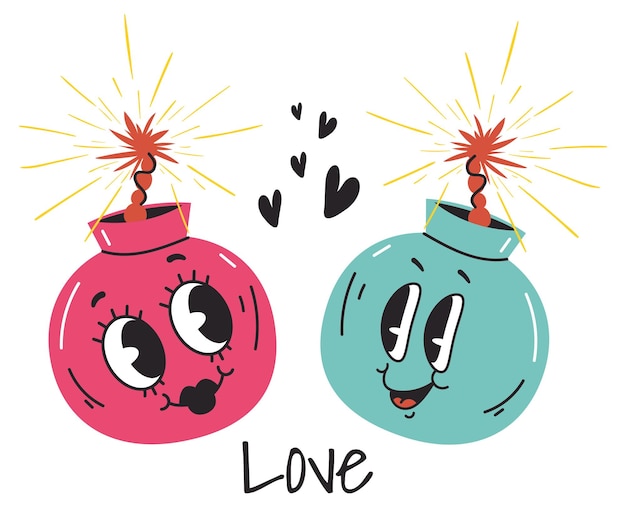 Bomb characters fall in love dating t shirt logo print concept doodle line art style concept set