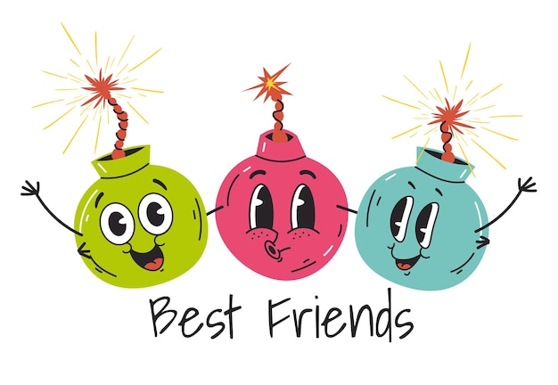 Bomb characters maskot best friends print with different emotions and face expressions