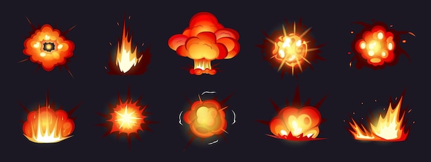 Vector bomb explosion fire bang detonation effect dynamite detonator boom clouds rocket blast and smoke superhero power animation comic flame elements set vector recent illustration