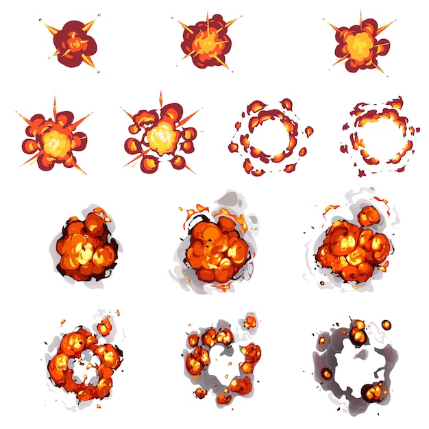 bomb explosion fire set Boom clouds and smoke elements for ui game design Dangerous explosive