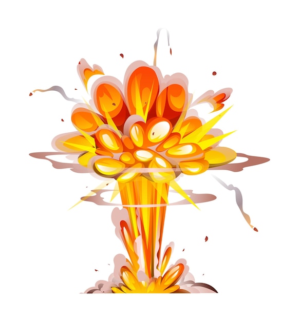 Bomb explosion with bright flames and smoke plumes rising into the sky Vector cartoon illustration