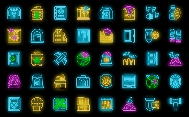 Bomb shelter icons set vector neon