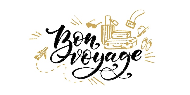 Bon voyage words modern lettering with hand drawn suitcases, airplane, photo camera and flip flops.