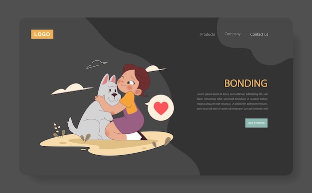 Bonding dark or night mode web landing a girl lovingly embraces her dog showcasing a heartfelt