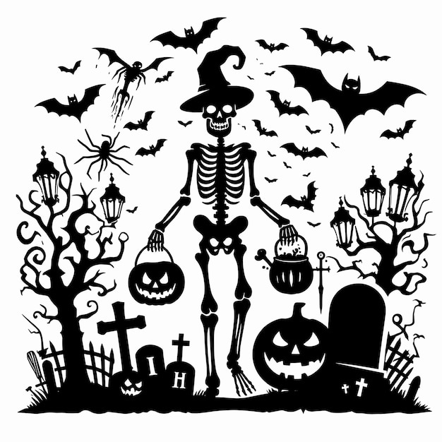 BoneChilling Skeleton Witch Holding JackoLanterns Surrounded by Bats in a Spooky Halloween Grave