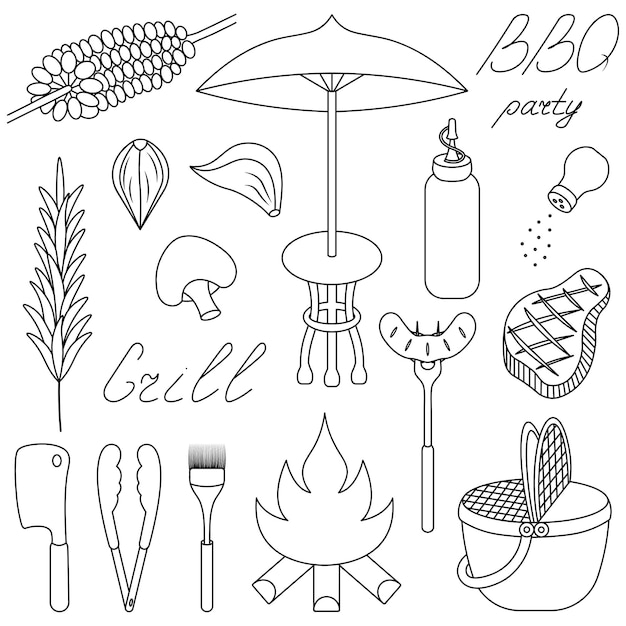 Bonfire, basket, corn, steak, outdoor recreation set doodle style