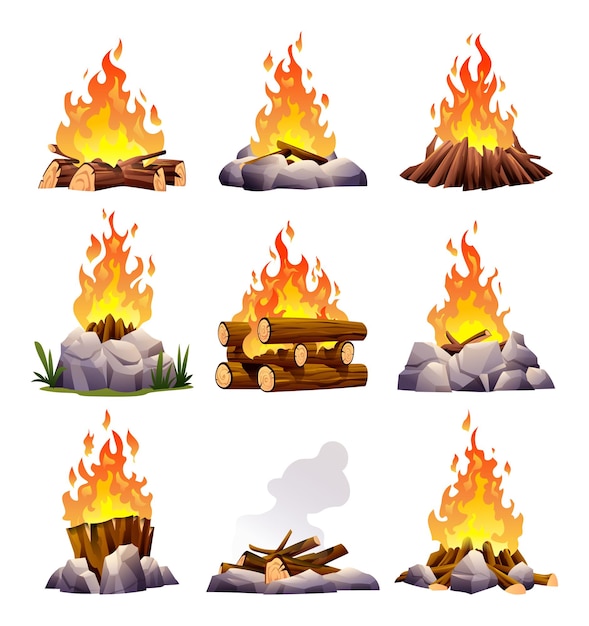 Bonfire sets in different types. Collection of campfire cartoon illustration