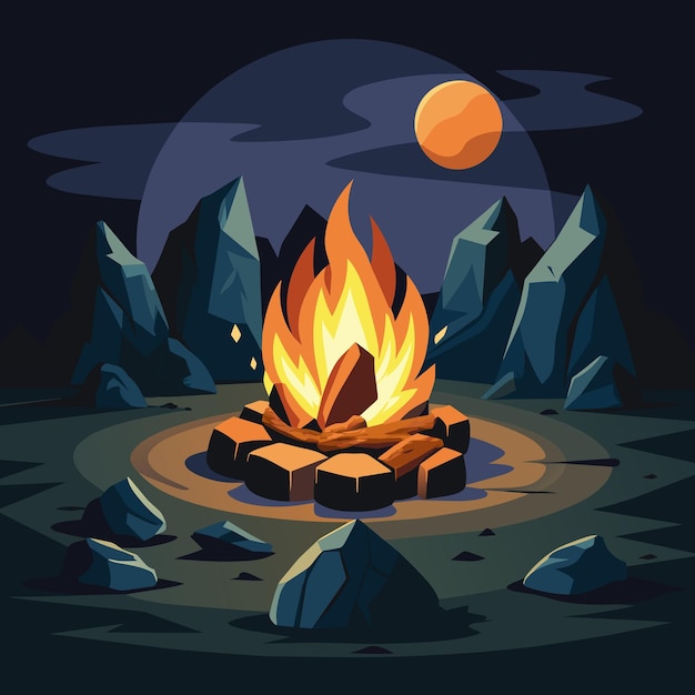 Vector bonfire surrounded by stones colored drawing realistic