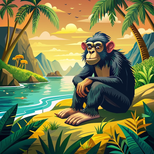 Bonobo monkey animated rests sea vector