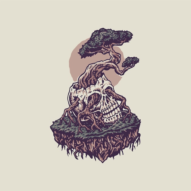 Bonsai growing from a human skull, hand drawn line style with digital color