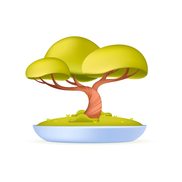 Bonsai tree in container 3d vector illustration. Indoor potted plant with green leaves for house decoration in cartoon style isolated on white background. Plants, nature, home interior concept