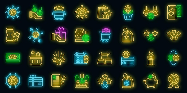 Bonus icons set. Outline set of bonus vector icons neon color on black