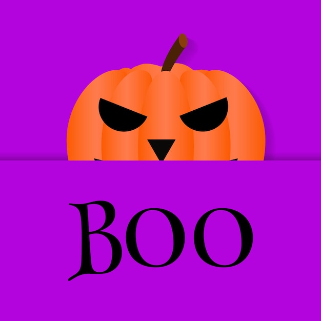 Boo Halloween banner with looking out pumpkin and lettering on violet background Awesome design