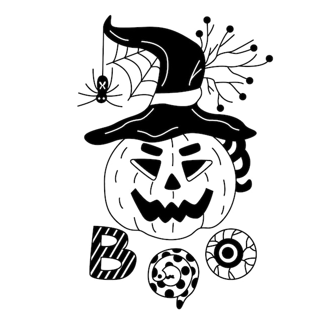 Boo hand drawn lettering and vector illustration of a Jack O lantern with witch hat