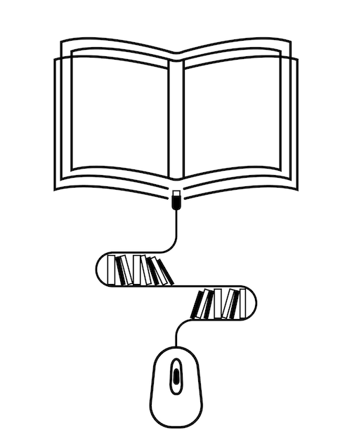 A book and a computer mouse, a cord in the form of a shelf with the symbol of a library of books.