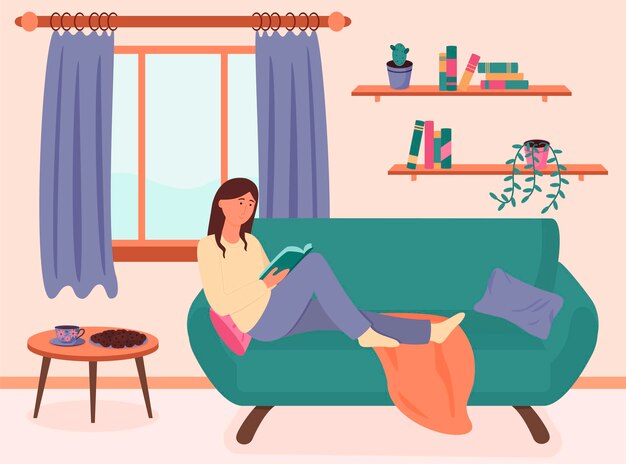 Vector book concept. a young woman is reading a book on the sofa. vector illustration in the flat style.