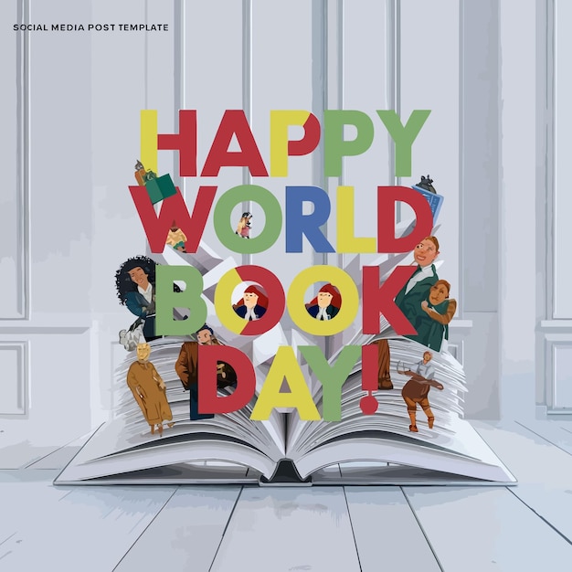 Vector a book cover with a cartoon character and a book titled happy world day