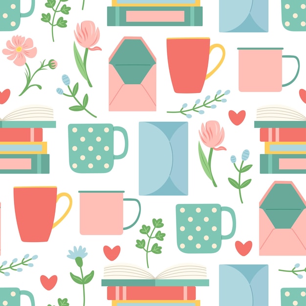 Book cup envelope and flower seamless pattern vector illustration