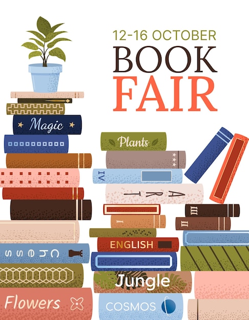 Vector book fair or festival vertical poster for advertising promo invitation sale stacks of books