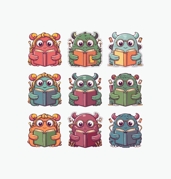 Book lover monster printable stickers clipart illustration set