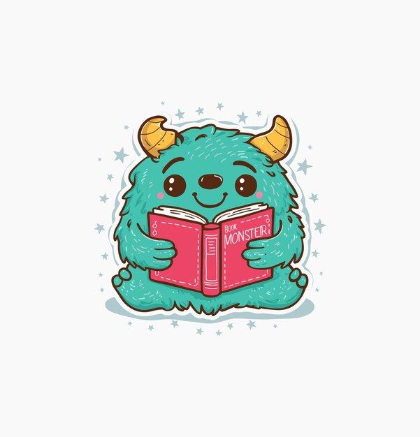 Vector book lover monster printable stickers clipart illustration set