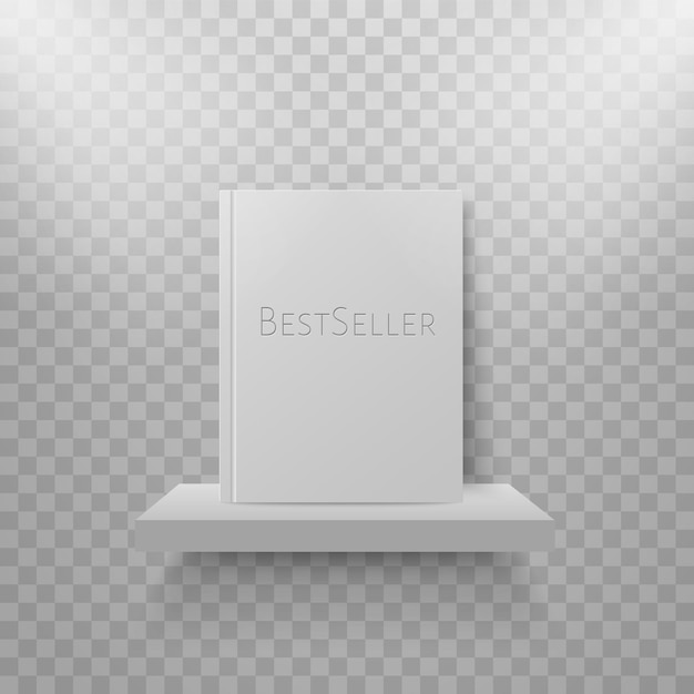 Book mockup on bookshelf Bestseller in hard cover on shelf Bookstore display with catalog