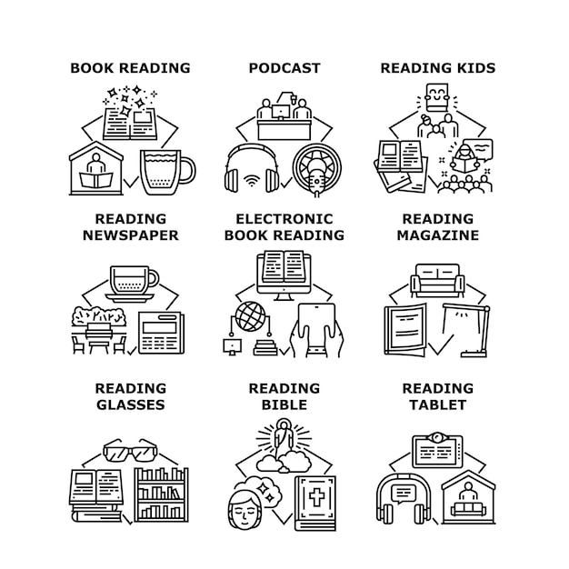 Book Reading Kids Set Icons Vector Illustrations