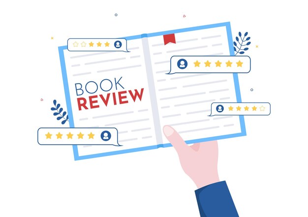 Vector book review illustration with reader feedback for analysis and comments about publications