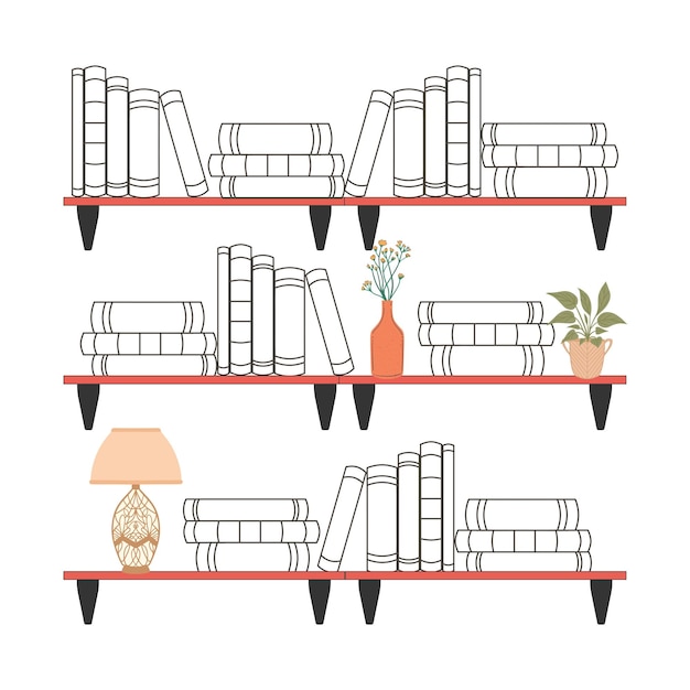 Vector book shelves and home decor vector graphics in a doodle style