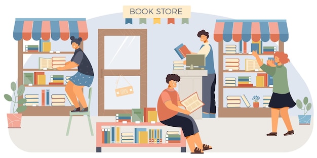 Book shop flat composition four people in a book store stand at the shelves and read illustration