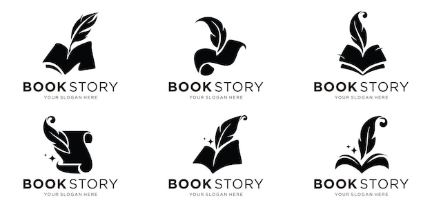 Vector book story feather logo design black and white background flat vector illustration