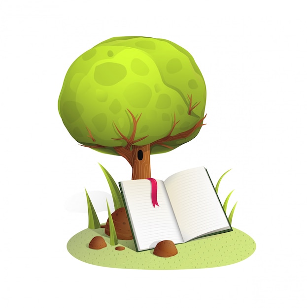 Vector book under tree watercolor style illustration