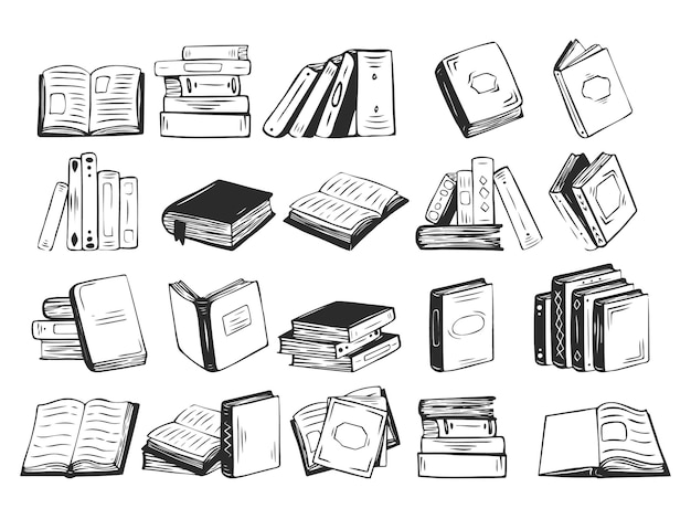 Book in various positions stack or pile of books Hand drawn vector illustration in sketch style