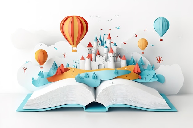 a book with a castle and a balloon in the background