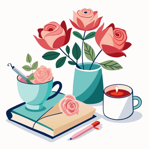 Vector a book with a cup of tea and a book with a cup of tea and a book with a pencil and flowers