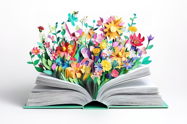 Vector a book with flowers coming out of it colorful detailed paper art style in the style of 3d white background ar 32 v 61 job id 53294290e5094bd698ff2fef5ae2f856