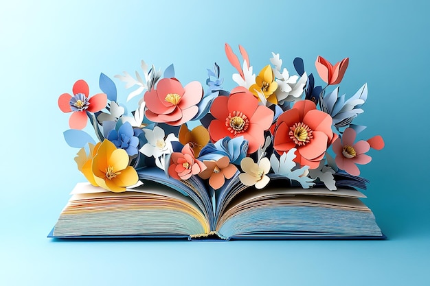 A book with open pages made of flowers with a blue background in the 3D paper art style white Background ar 32 v 61 Job ID 744d4b4eaa9e478fa04c02f119c1b805