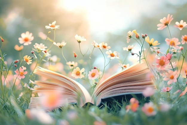 A book with open pages surrounded by flowers and grass in an animated style The background is blurred creating a dreamy atmosphere white Background ar 32 v 61 Job ID 807495949786417bb142cdf542a66790