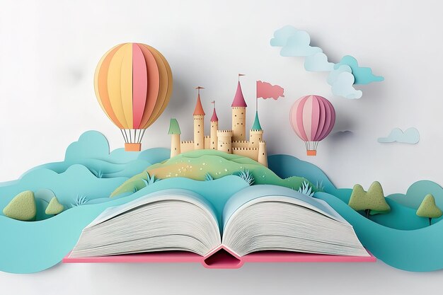 Vector a book with a picture of a castle and a balloon