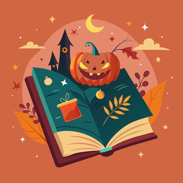 Vector a book with a pumpkin on it and a book with a castle on the top