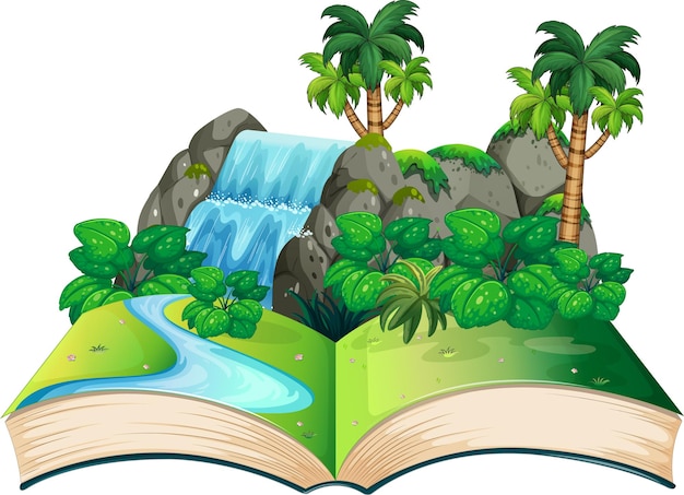 Book with scene of waterfall in the woods