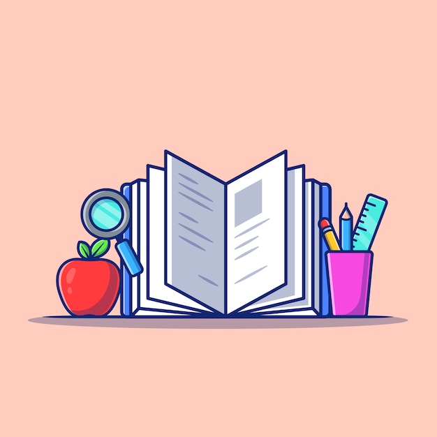 Book With Stationery, Apple And Magnifying Glass Cartoon   Illustration.